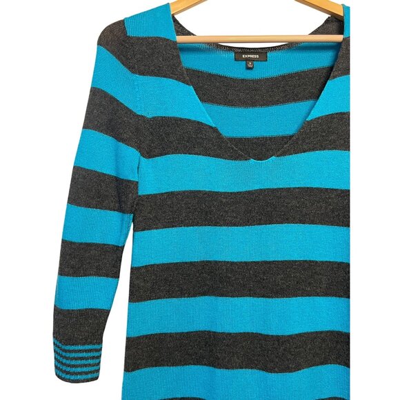 Express Women S Striped Sweater Dress Mini Blue/Black Nylon/Rayon/Wool Pockets - Picture 6 of 16